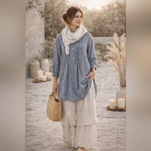 Talbots Medium Gray Pintuck Popover Tunic Cotton Chambray Lightweight Blouse